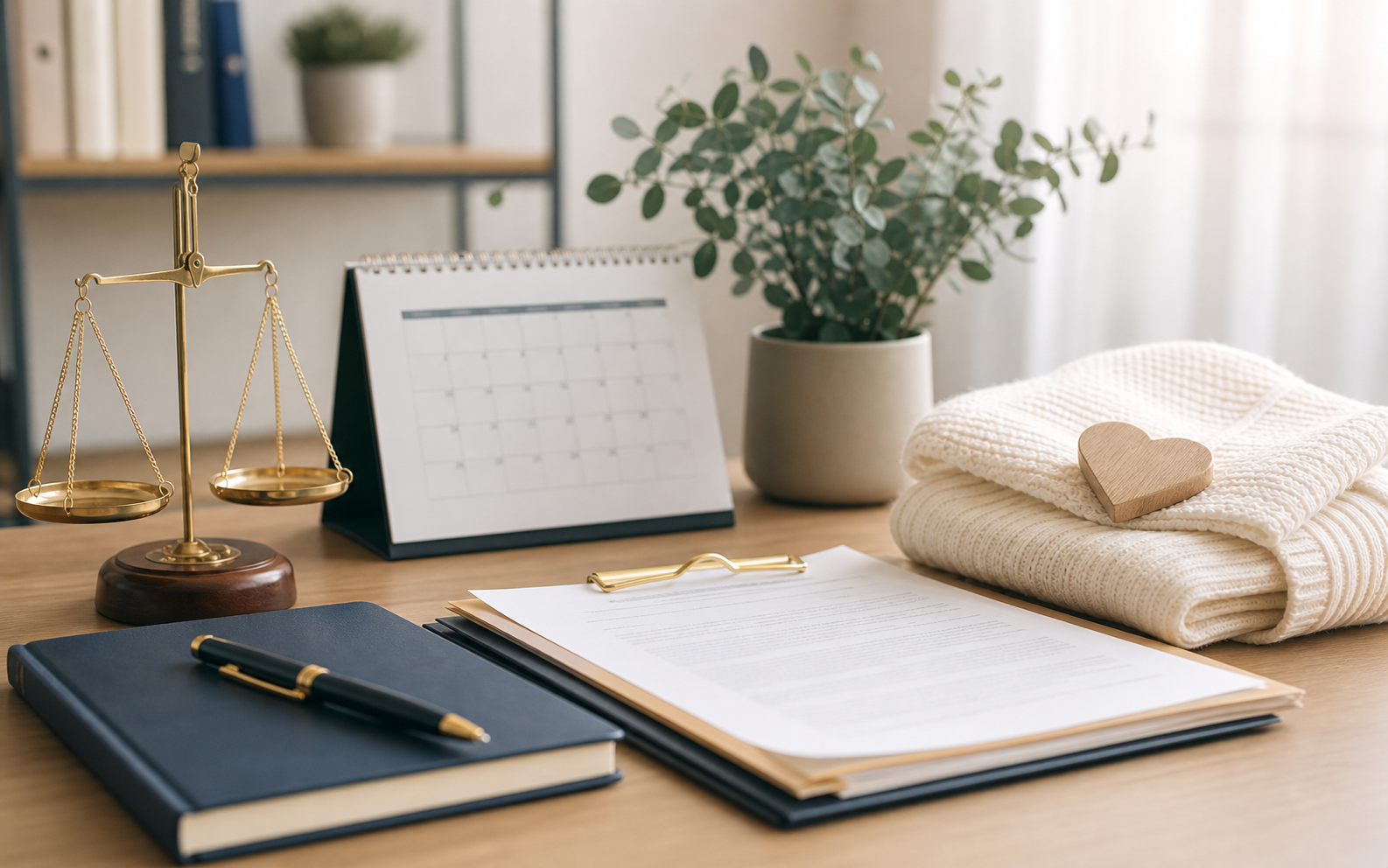 Mesa com documentos, calendario e elementos de protecao familiar